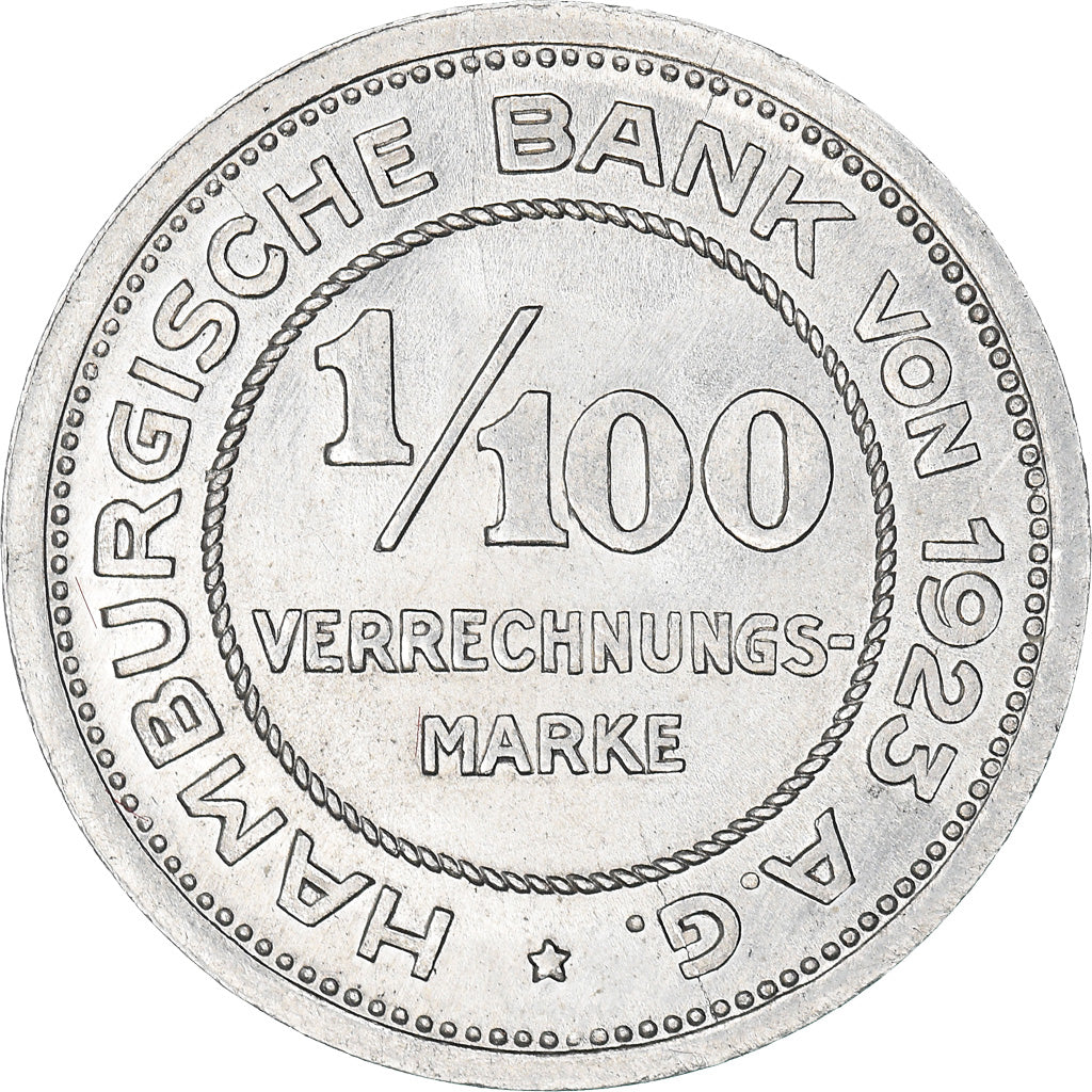 Coin, German States, Hamburg, 1/100 Verrechnungsmarke, 1923, MS(63), Aluminum