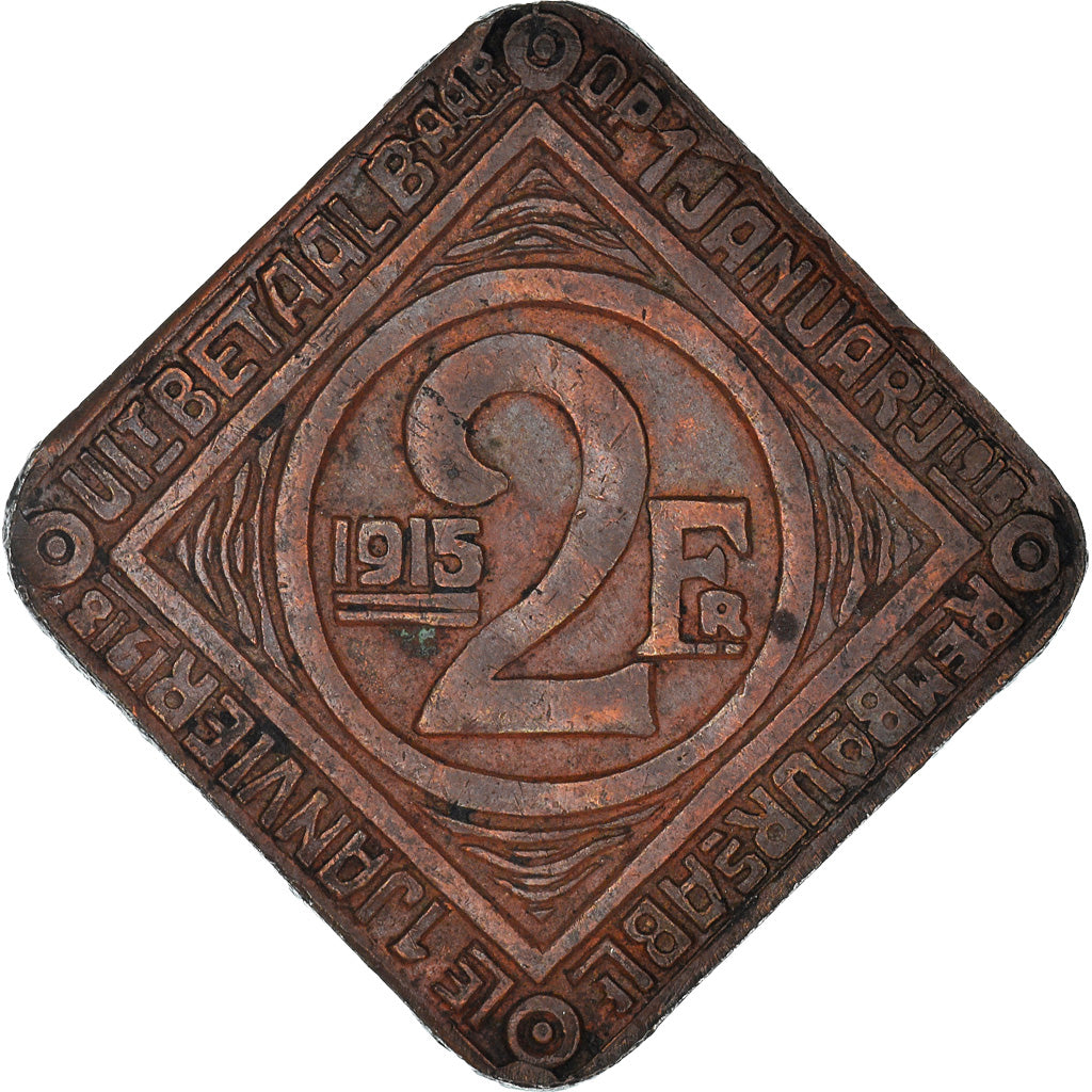 Coin, Belgium, GHENT, 2 Franken, 1915, Gand, EF(40-45), Brass Plated Iron