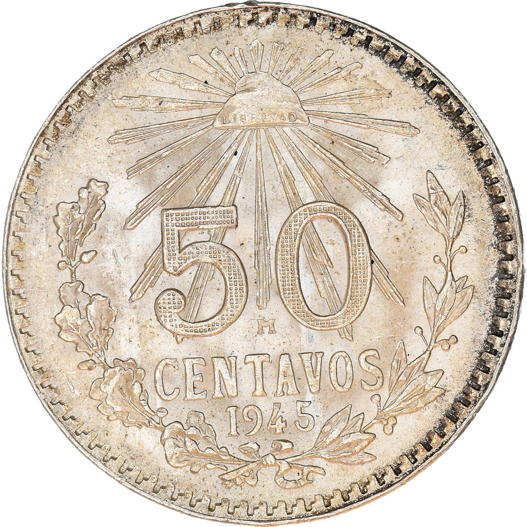 Moneda, México, 50 Centavos, 1945, Mexico City, EBC, Plata, KM:447