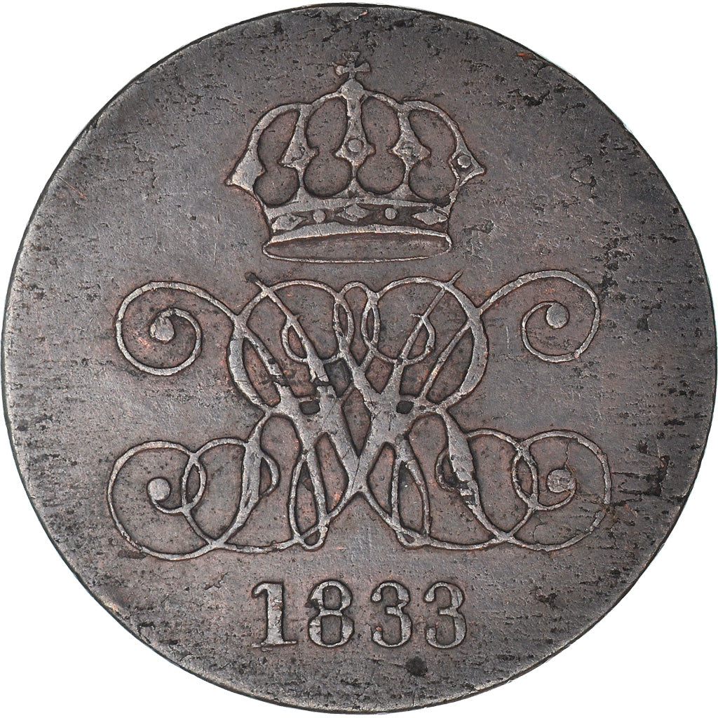 Coin, German States, HANNOVER, Wilhelm IV, 2 Pfennig, 1833, EF(40-45), Copper