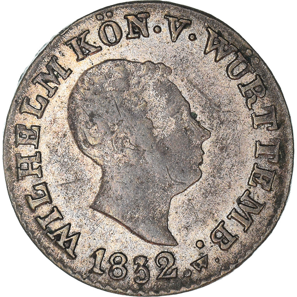 Coin, German States, WURTTEMBERG, Wilhelm I, Kreuzer, 1832, EF(40-45), Billon