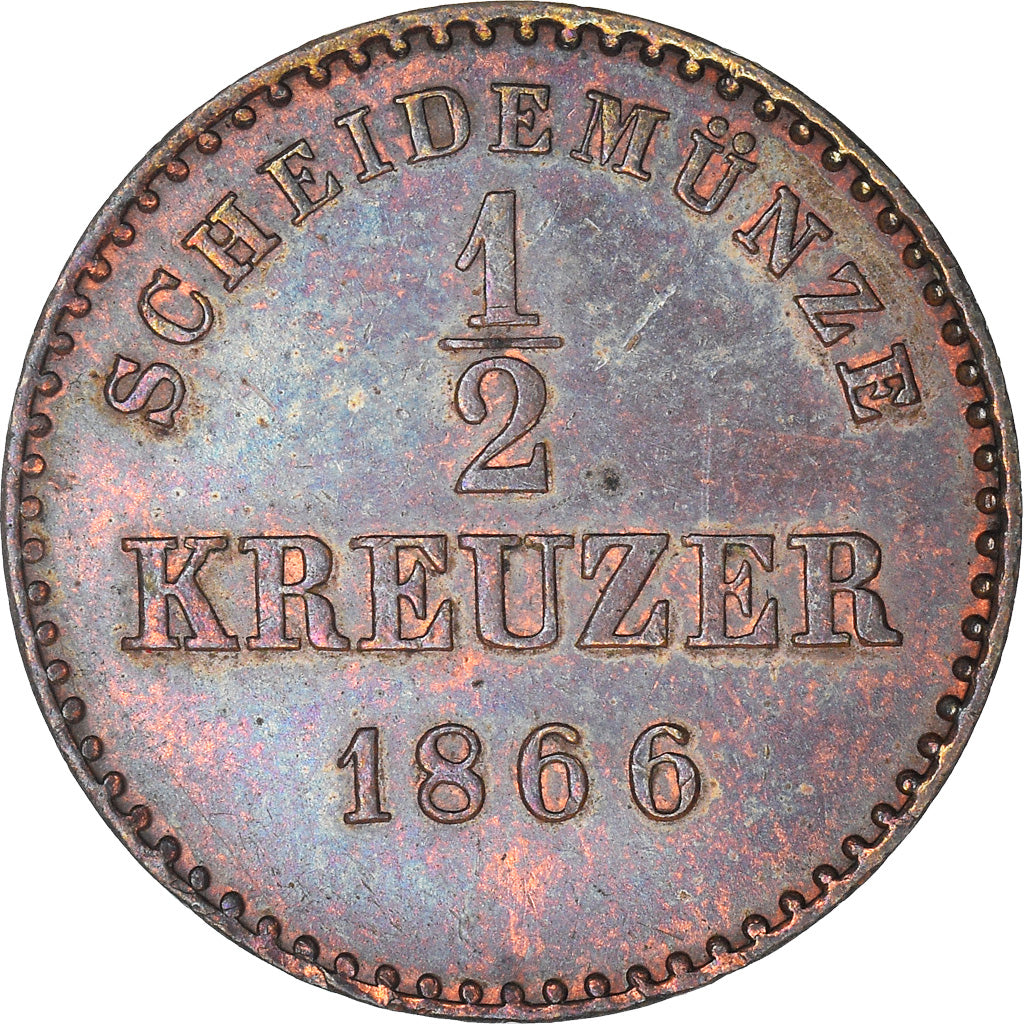 Münze, Deutsch Staaten, WURTTEMBERG, Karl I, 1/2 Kreuzer, 4 Pfennig, 1866, VZ