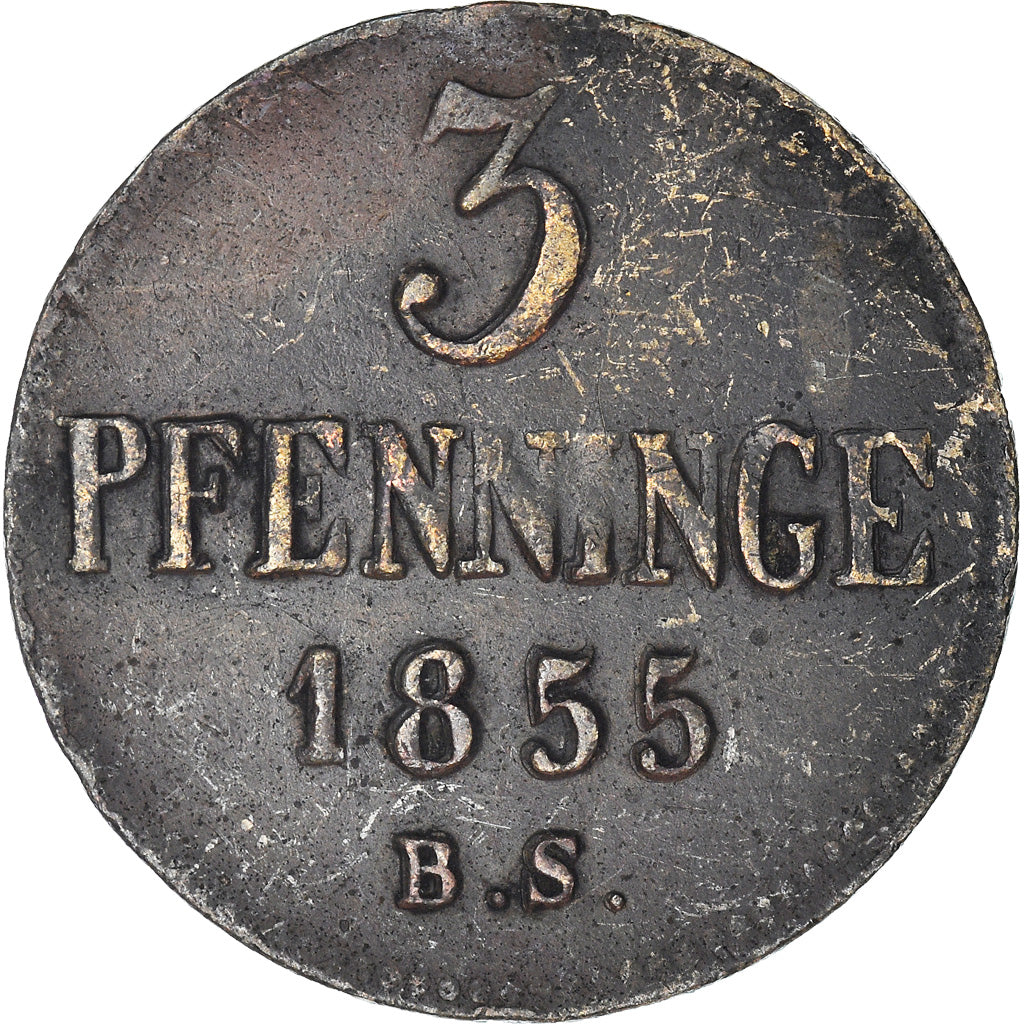 Coin, German States, ROSTOCK, 3 Pfennig, Dreiling, 1855, EF(40-45), Copper