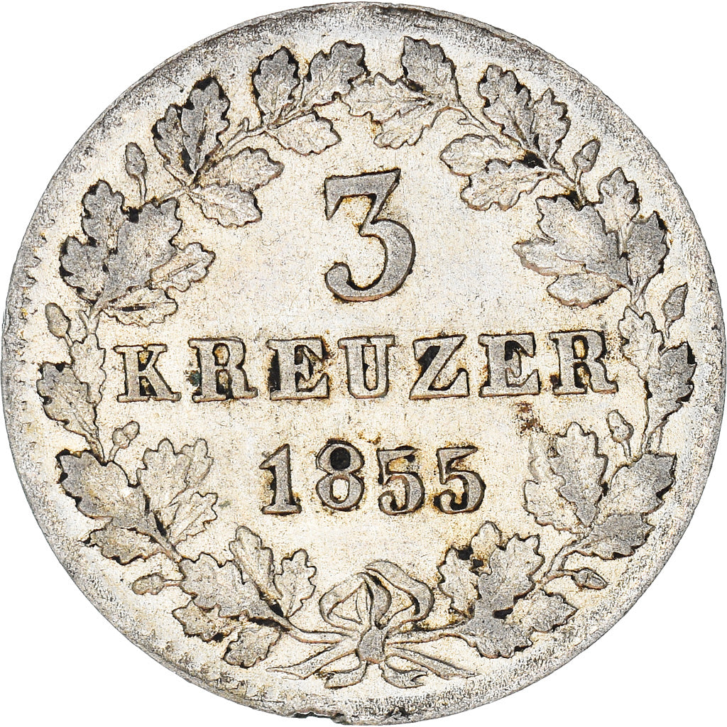 Munten, Duitse staten, NASSAU, Adolph, 3 Kreuzer, 1855, Wiesbaden, ZF+, Zilver