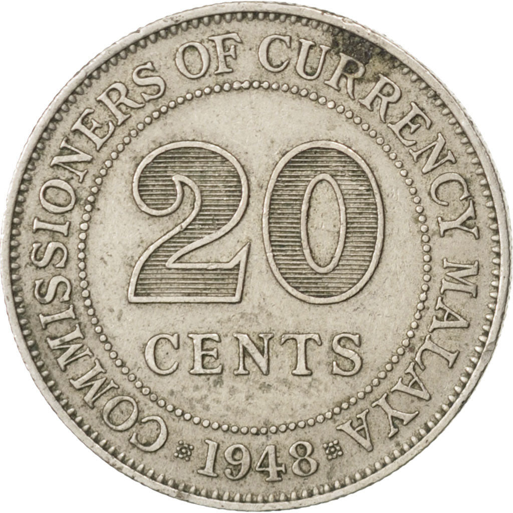 MALAYA, 20 Cents, 1948, KM #9, EF(40-45), Copper-Nickel, 23.6, 5.57