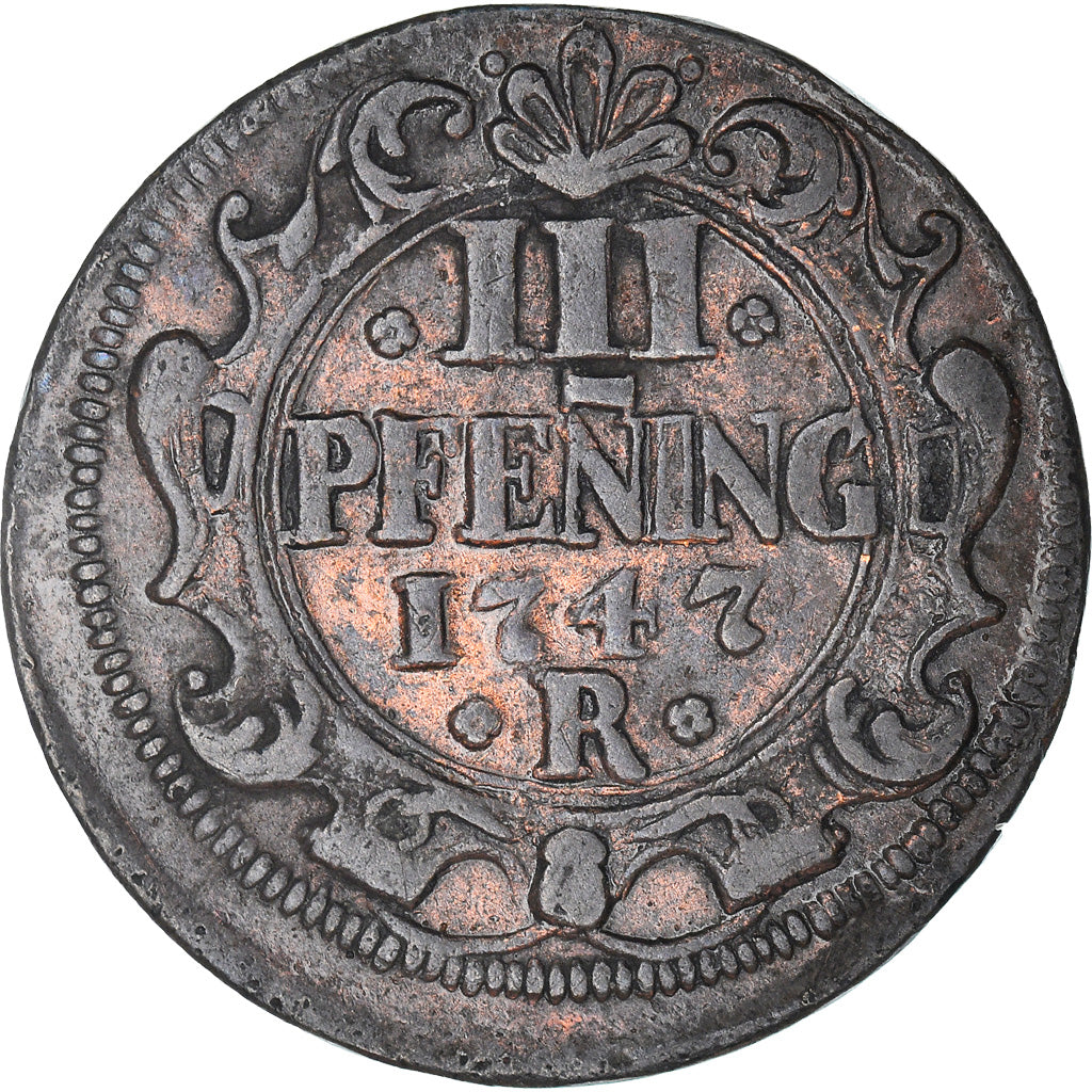 Coin, German States, ROSTOCK, 3 Pfennig, Dreiling, 1747, VF(30-35), Copper