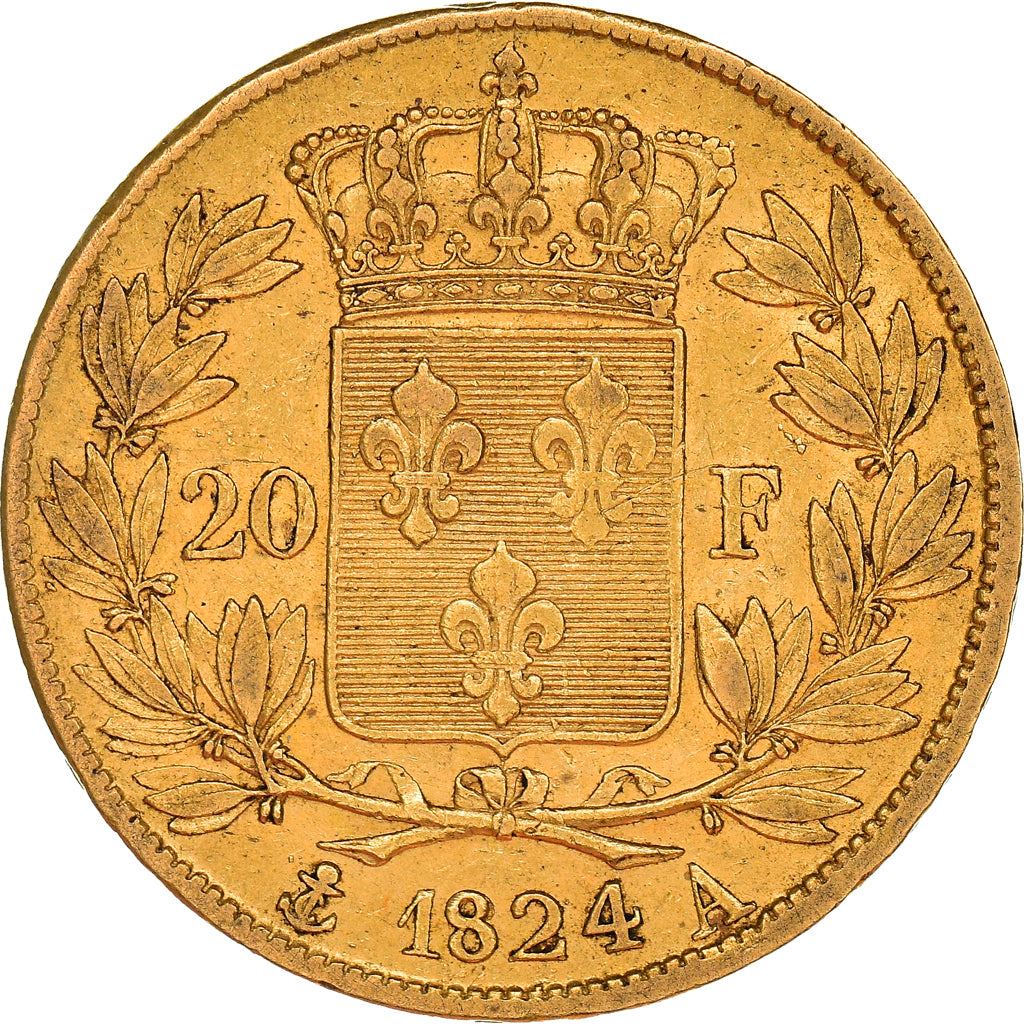 Munten, Frankrijk, Louis XVIII, 20 Francs, 1824, Paris, ZF, Goud, KM:712.1
