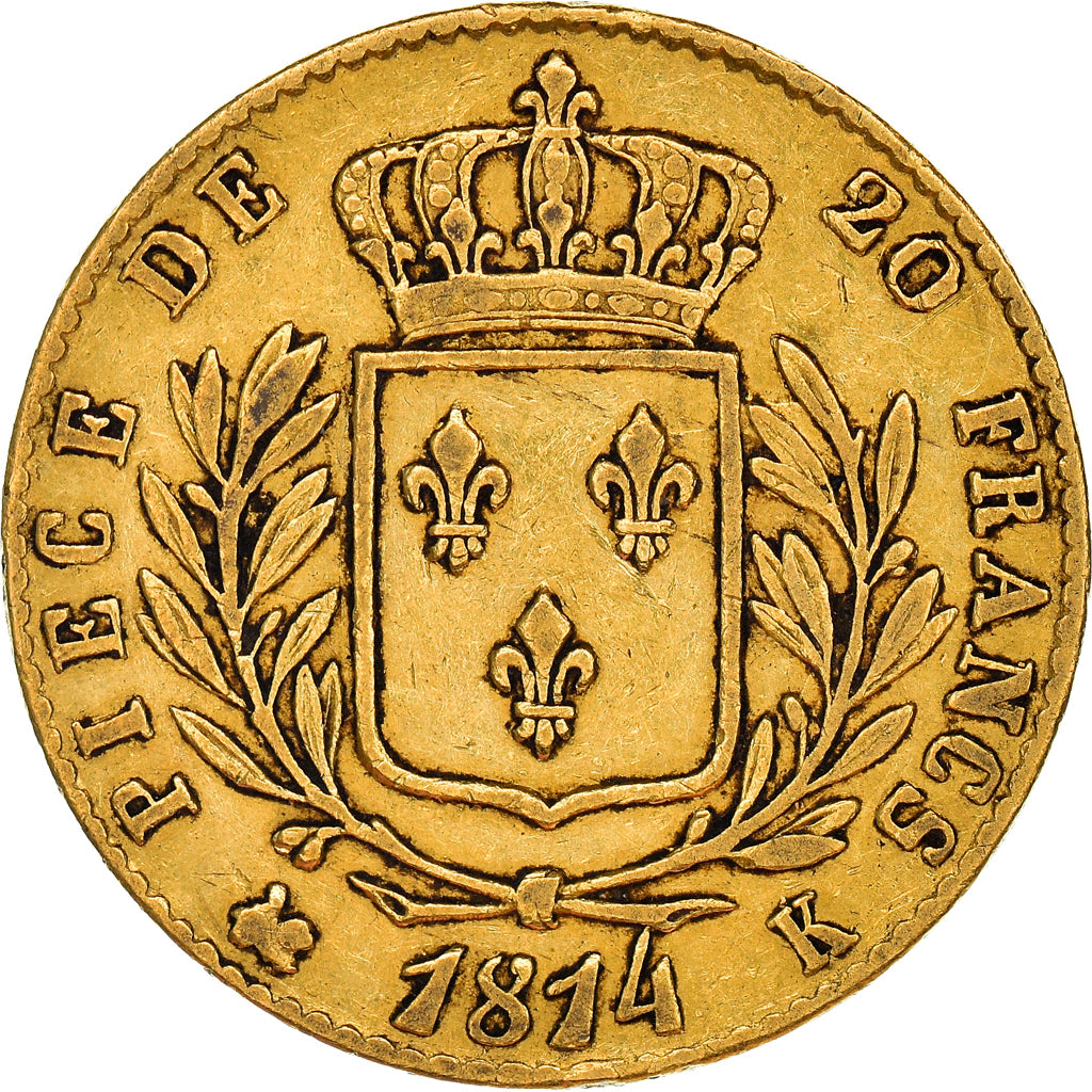 Moneta, Francia, Louis XVIII, 20 Francs, 1814, Bordeaux, MB+, Oro, KM:706.3