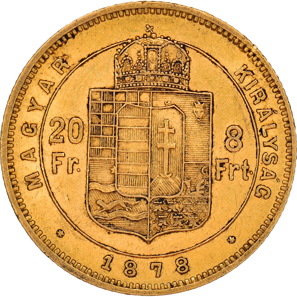 Munten, Hongarije, Franz Joseph I, 8 Forint 20 Francs, 1878, ZF+, Goud, KM:455.1