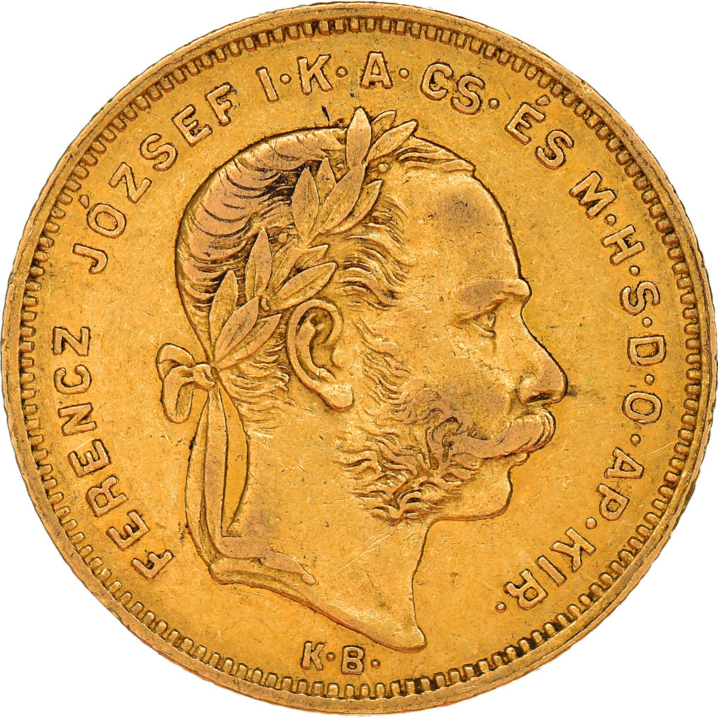 Moeda, Hungria, Franz Joseph I, 8 Forint 20 Francs, 1878, AU(50-53), Dourado