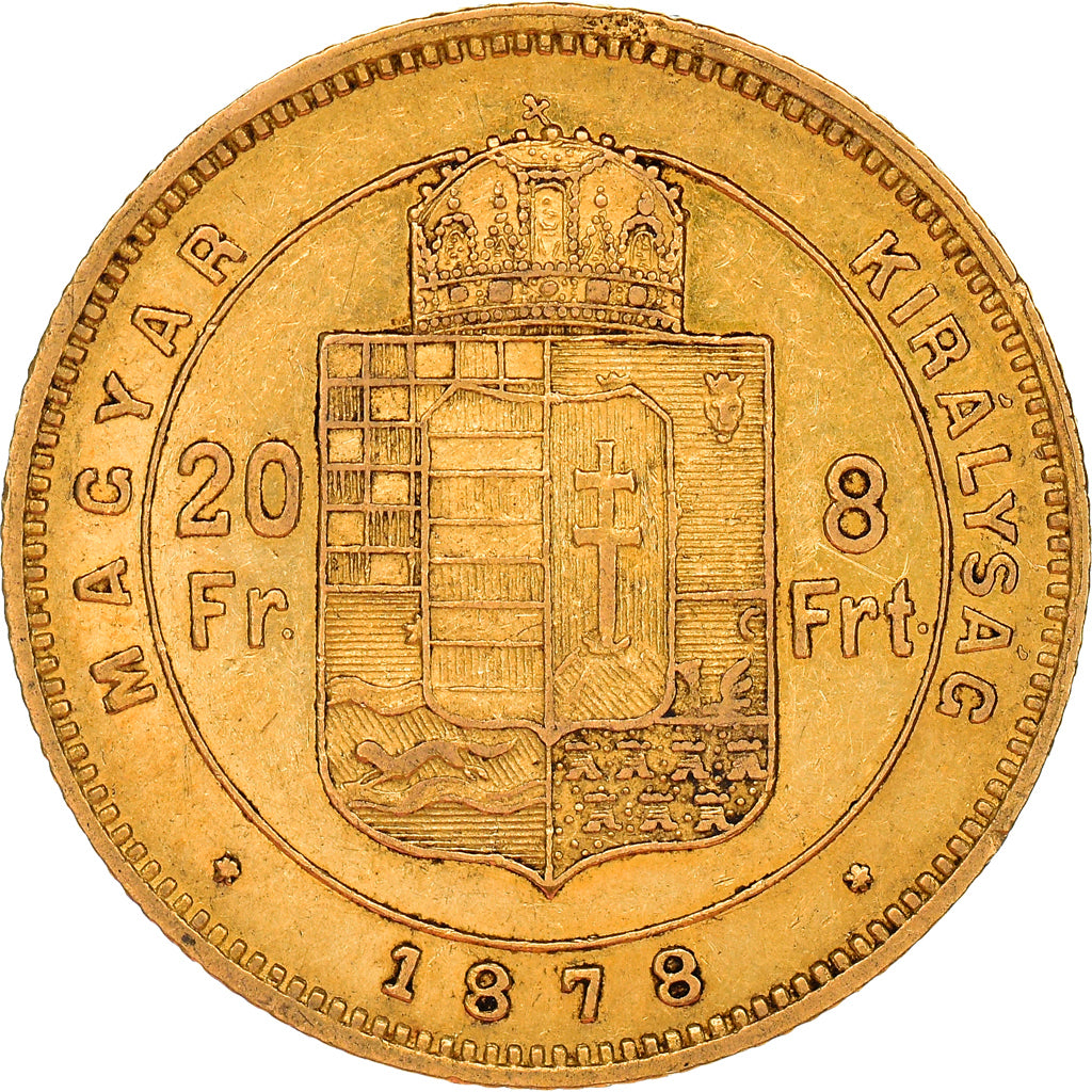 Moeda, Hungria, Franz Joseph I, 8 Forint 20 Francs, 1878, AU(50-53), Dourado