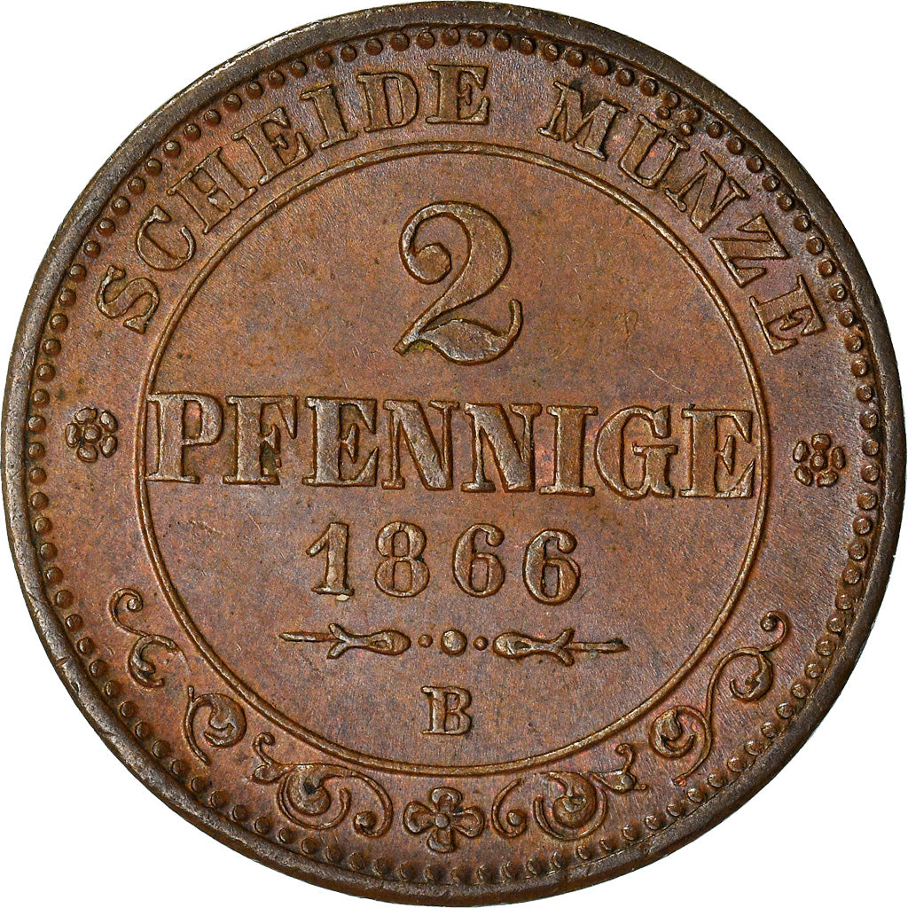 Coin, German States, SAXONY-ALBERTINE, Johann, 2 Pfennig, 1866, AU(55-58)