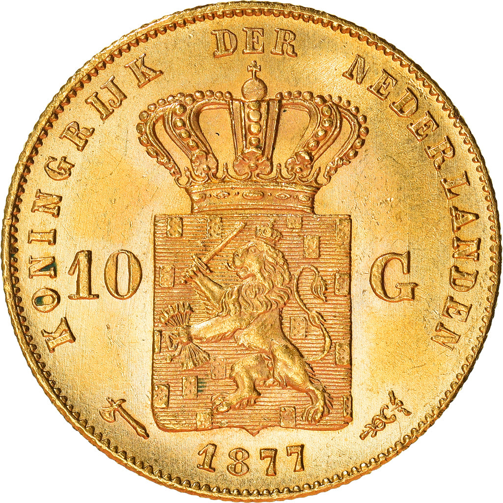 Coin, Netherlands, William III, 10 Gulden, 1877, MS(60-62), Gold, KM:106