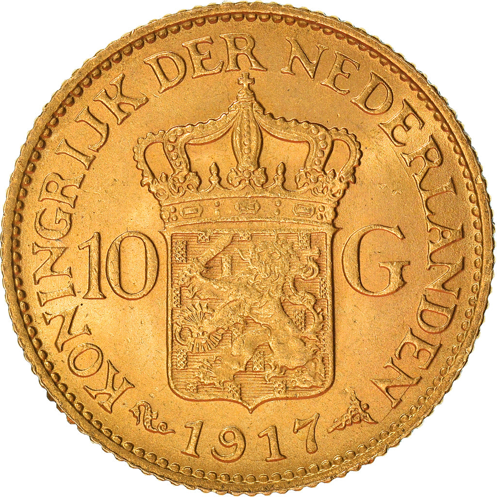 Coin, Netherlands, Wilhelmina I, 10 Gulden, 1917, MS(63), Gold, KM:149