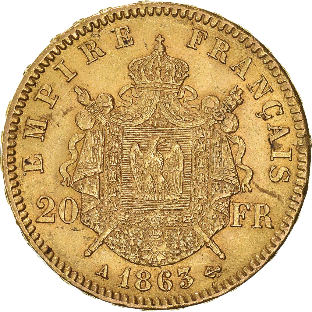 Moeda, França, Napoleon III, 20 Francs, 1863, Paris, AU(55-58), Dourado