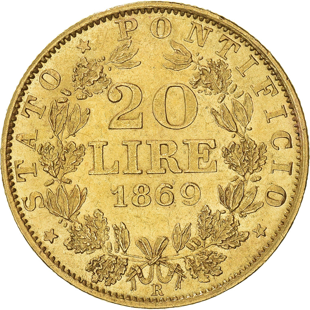 Moneda, Estados italianos, PAPAL STATES, Pius IX, 20 Lire, 1869, Rome, MBC+