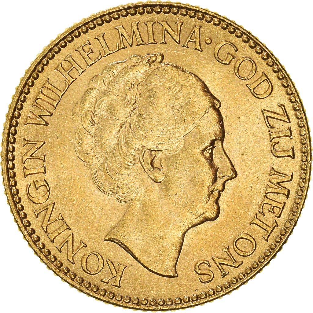 Coin, Netherlands, Wilhelmina I, 10 Gulden, 1925, MS(63), Gold, KM:162