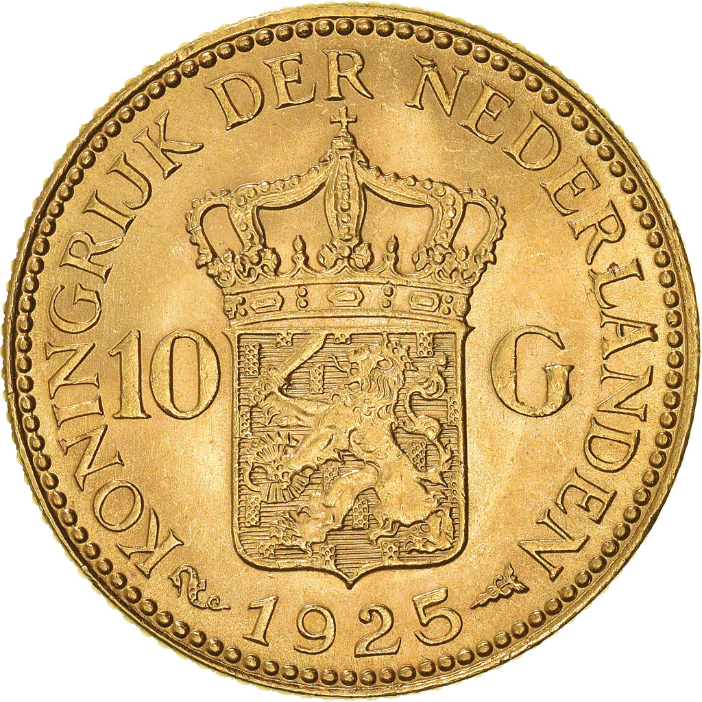 Coin, Netherlands, Wilhelmina I, 10 Gulden, 1925, MS(63), Gold, KM:162