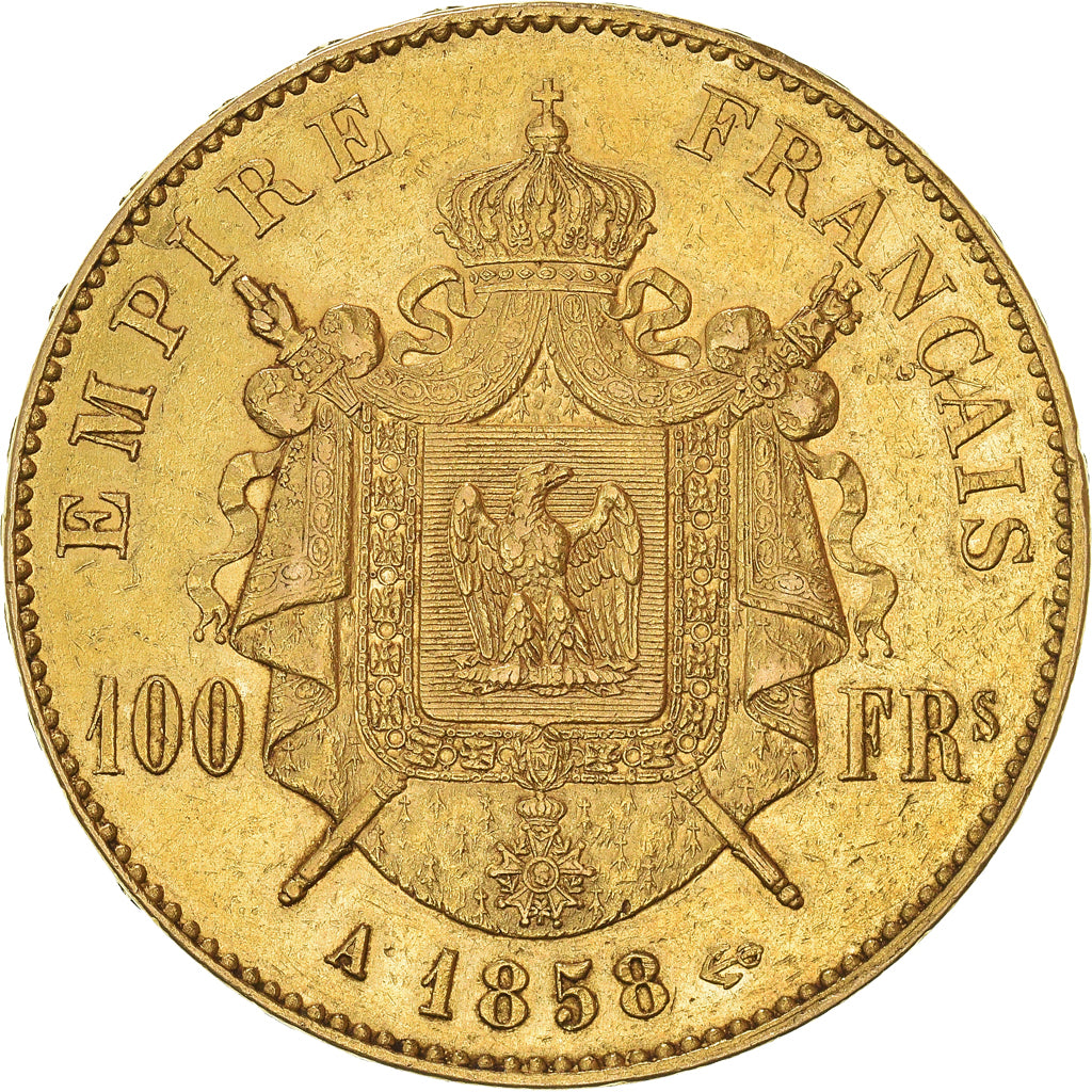 Moneda, Francia, Napoleon III, 100 Francs, 1858, Paris, MBC, Oro, KM:786.1