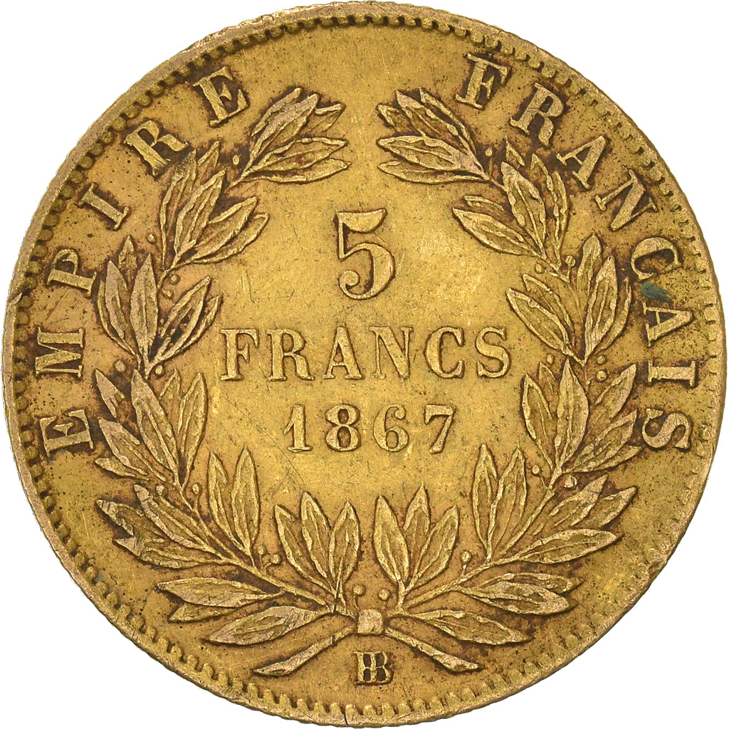 Münze, Frankreich, Napoleon III, 5 Francs, 1867, Strasbourg, SS, Gold