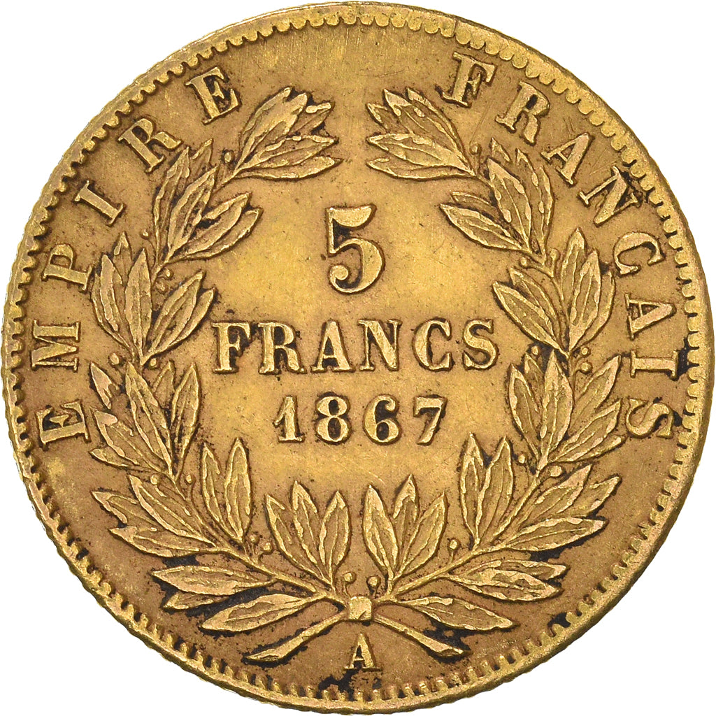 Moeda, França, Napoleon III, 5 Francs, 1867, Paris, EF(40-45), Dourado