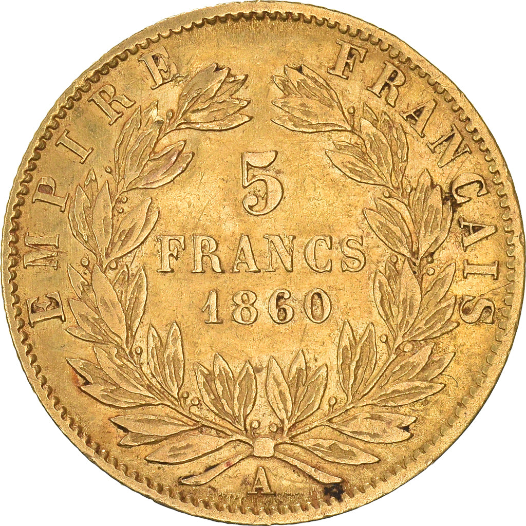 Moneda, Francia, Napoleon III, 5 Francs, 1860, Paris, MBC, Oro, KM:787.1