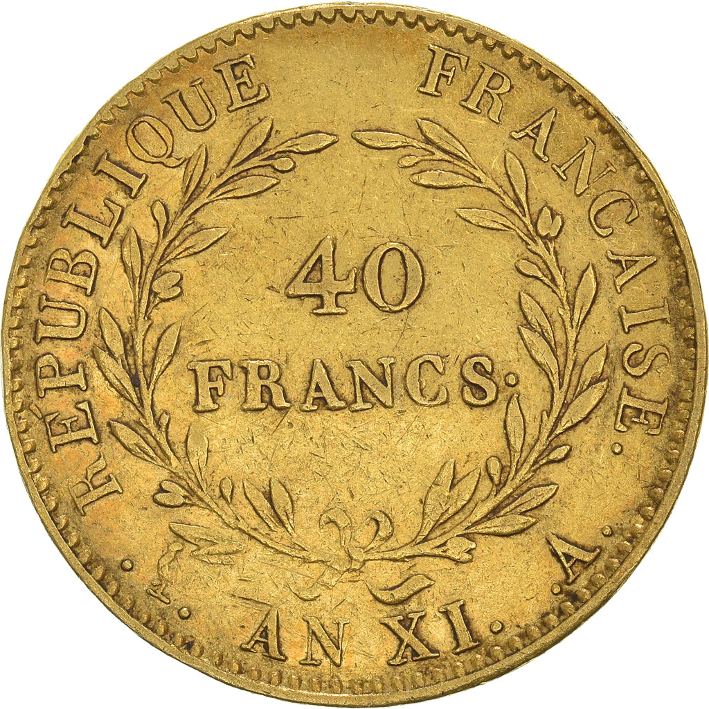 Monnaie, France, Napoléon I, 40 Francs, An XI, Paris, Avec olive, TB+, Or