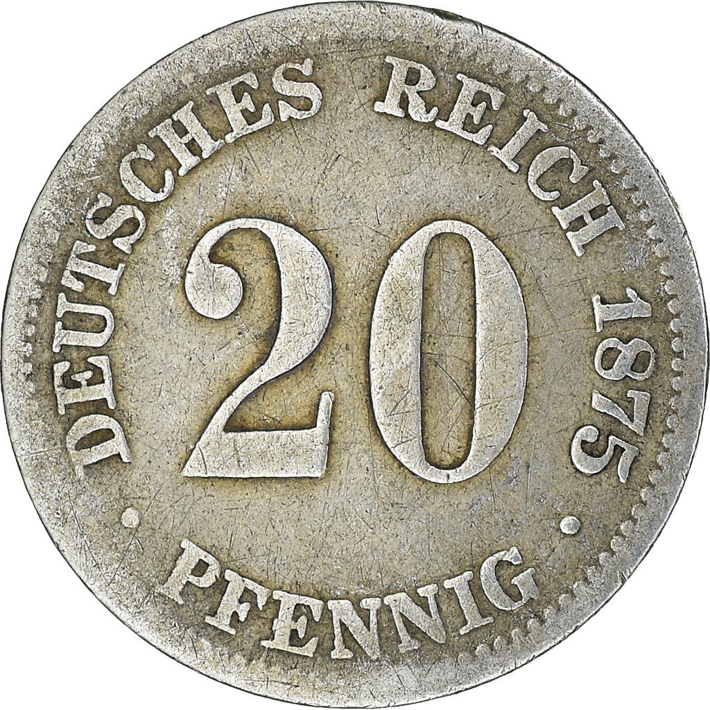 Coin, GERMANY - EMPIRE, Wilhelm I, 20 Pfennig, 1875, Stuttgart, VF(20-25)