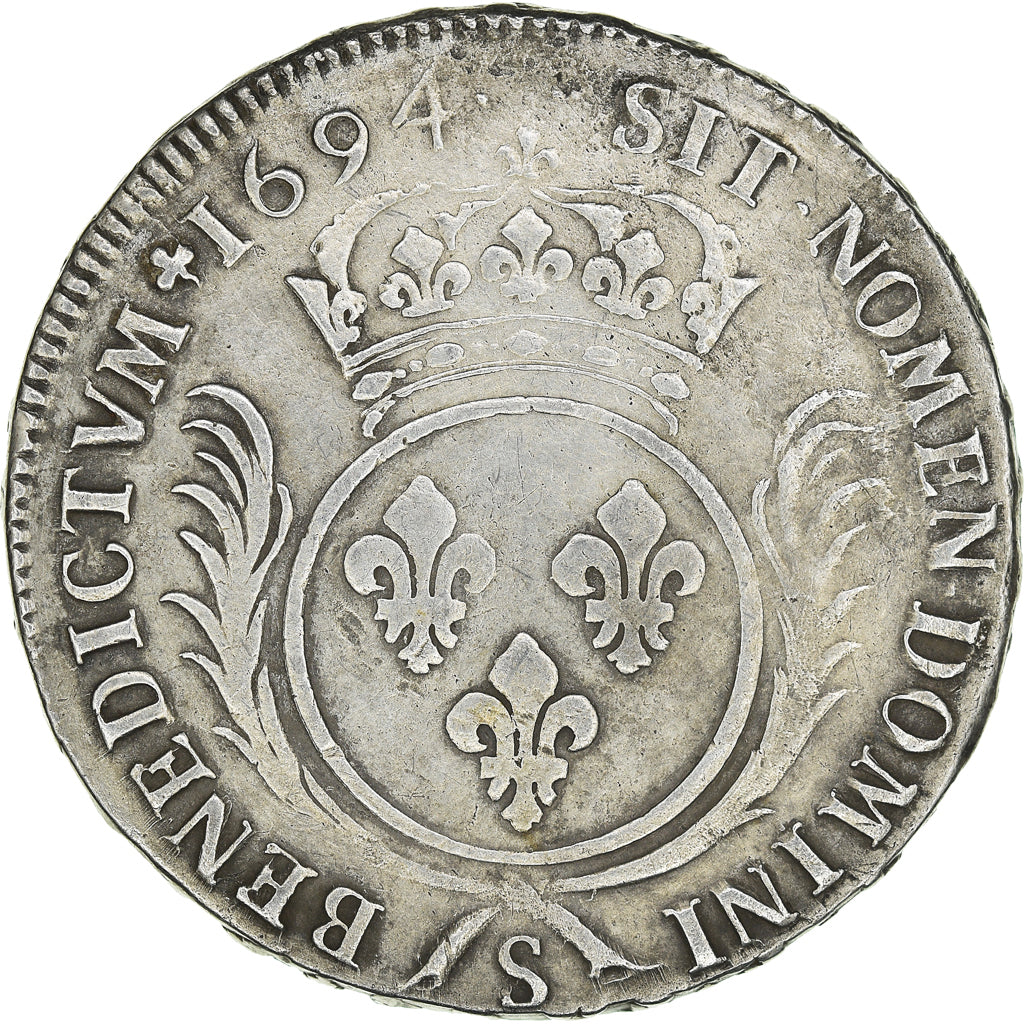 Moneta, Francia, Louis XIV, Ecu aux palmes, 1694, Reims, MB+, Argento