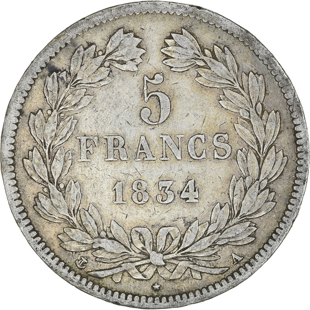 Moneta, Francia, Louis-Philippe, 5 Francs, 1834, Paris, MB+, Argento, KM:749.1