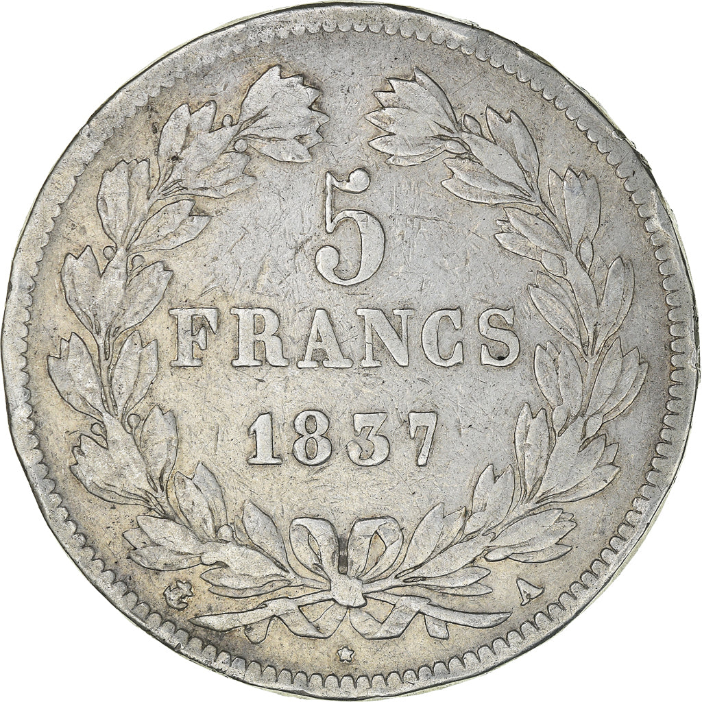 Moneta, Francia, Louis-Philippe, 5 Francs, 1837, Paris, MB+, Argento, KM:749.1