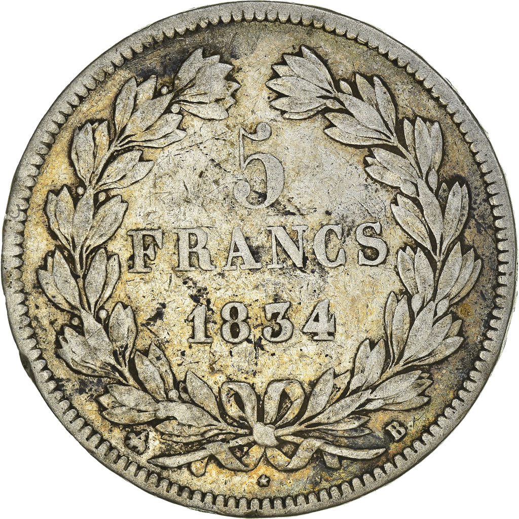 Coin, France, Louis-Philippe, 5 Francs, 1834, Rouen, VF(30-35), Silver