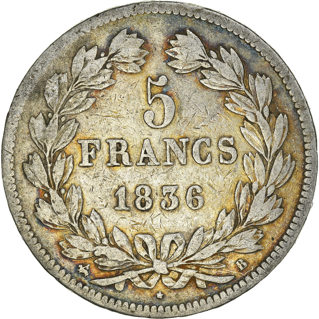 Moneta, Francia, Louis-Philippe, 5 Francs, 1836, Rouen, MB, Argento, KM:749.2
