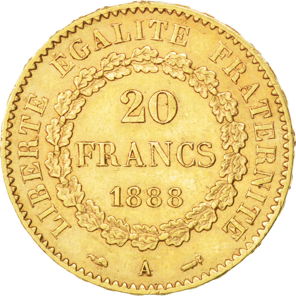 FRANCE, Génie, 20 Francs, 1888, Paris, KM #825, EF(40-45), Gold, Gadoury #1063, 