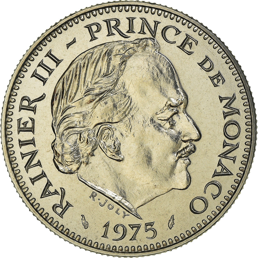 Moeda, Mónaco, Rainier III, 5 Francs, 1975, MS(65-70), Cobre-níquel, KM:150