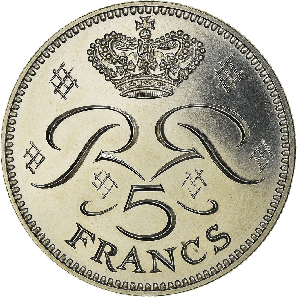 Moeda, Mónaco, Rainier III, 5 Francs, 1975, MS(65-70), Cobre-níquel, KM:150