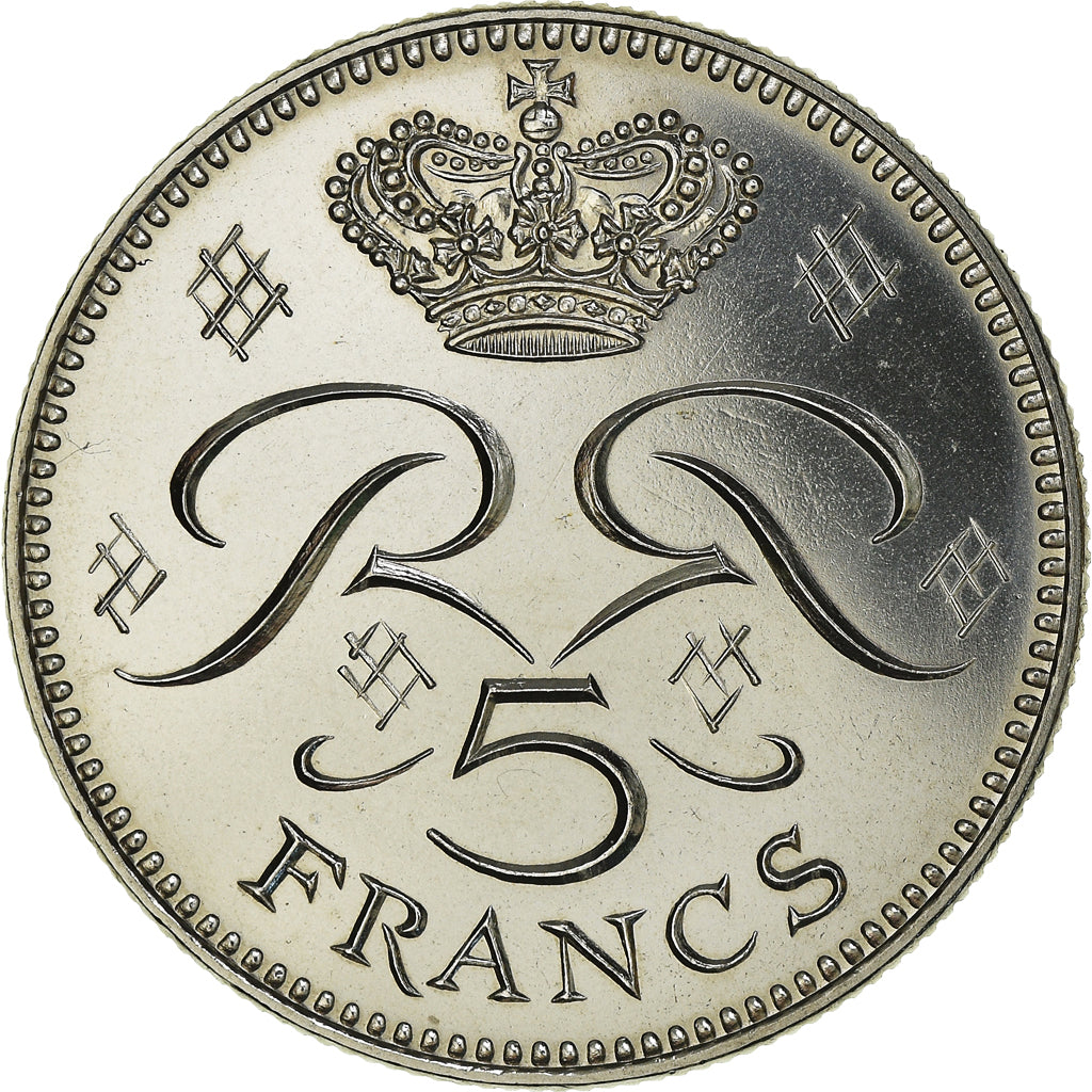 Moeda, Mónaco, Rainier III, 5 Francs, 1976, MS(64), Cobre-níquel, KM:150