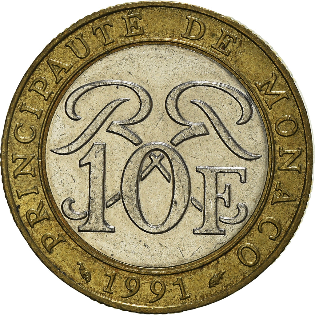 Coin, Monaco, Rainier III, 10 Francs, 1991, AU(50-53), Bi-Metallic, KM:163
