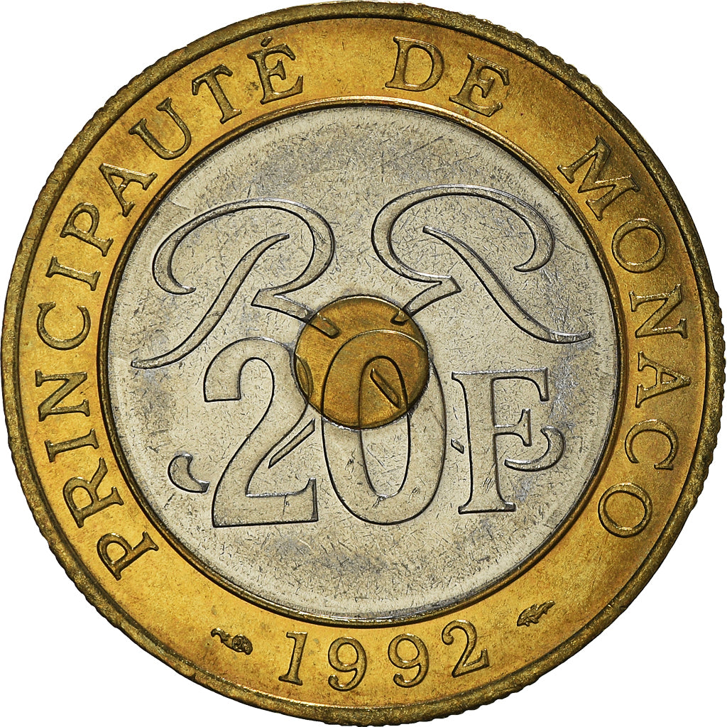Coin, Monaco, Rainier III, 20 Francs, 1992, AU(55-58), Tri-Metallic, KM:165
