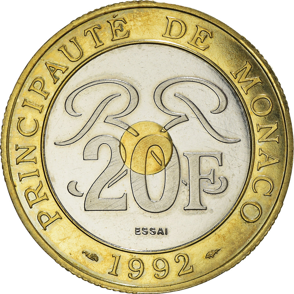 Coin, Monaco, Rainier III, 20 Francs, 1992, ESSAI, MS(64), Tri-Metallic, KM:165