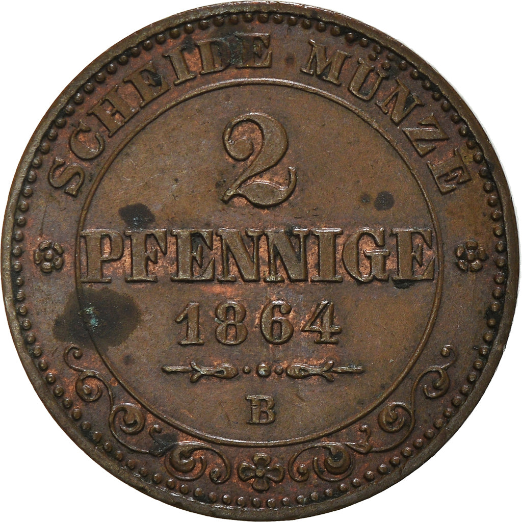 Coin, German States, SAXONY-ALBERTINE, Johann, 2 Pfennig, 1864, AU(55-58)