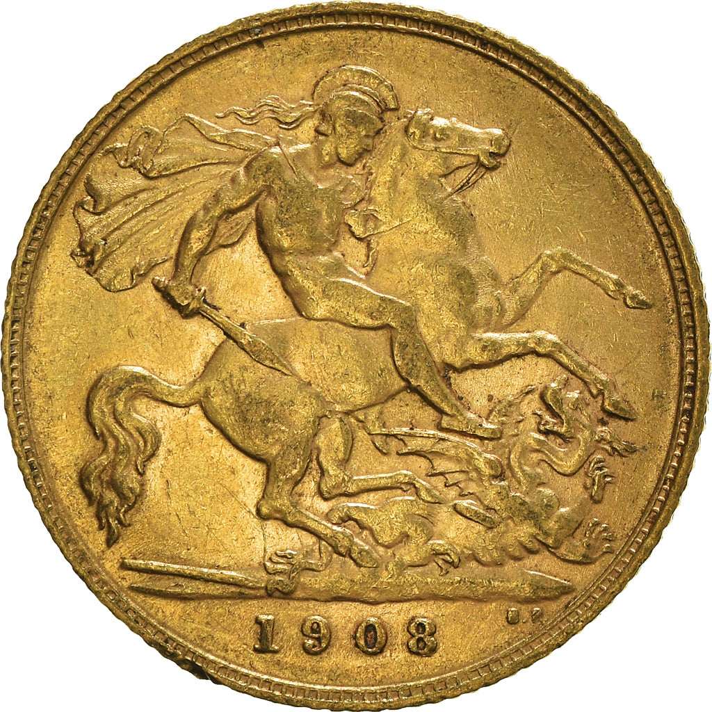 Moeda, Grã-Bretanha, Edward VII, 1/2 Sovereign, 1908, AU(50-53), Dourado