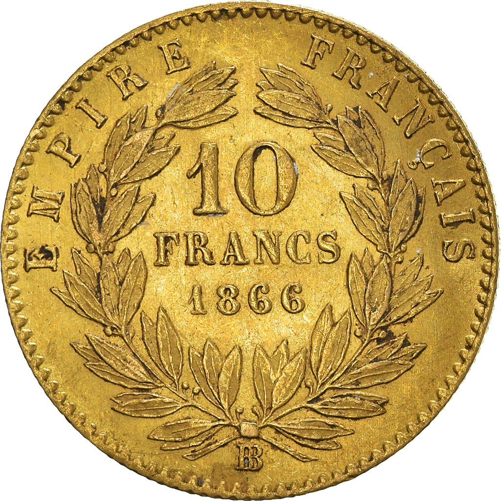 Moeda, França, Napoleon III, 10 Francs, 1866, Strasbourg, AU(50-53), Dourado