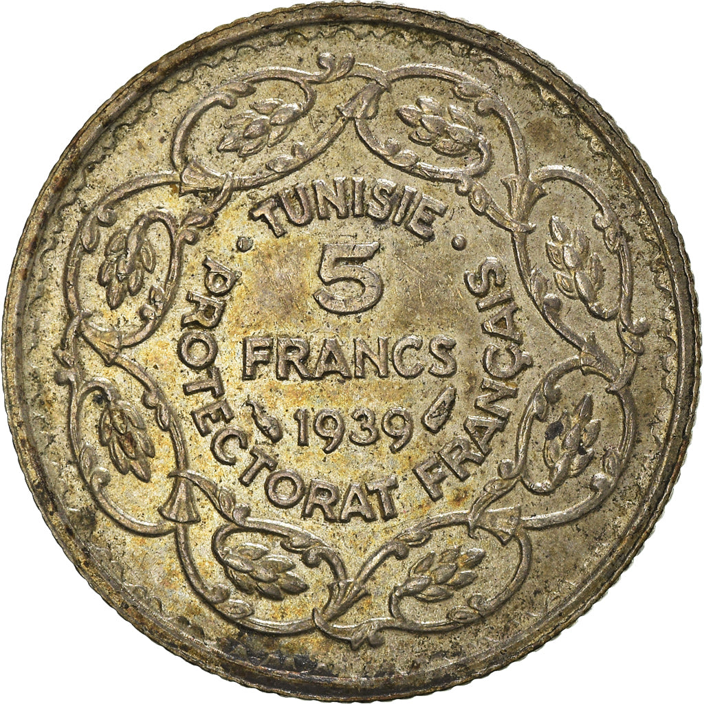 Coin, Tunisia, Ahmad Pasha Bey, 5 Francs, AH 1358/1939, Paris, AU(50-53)