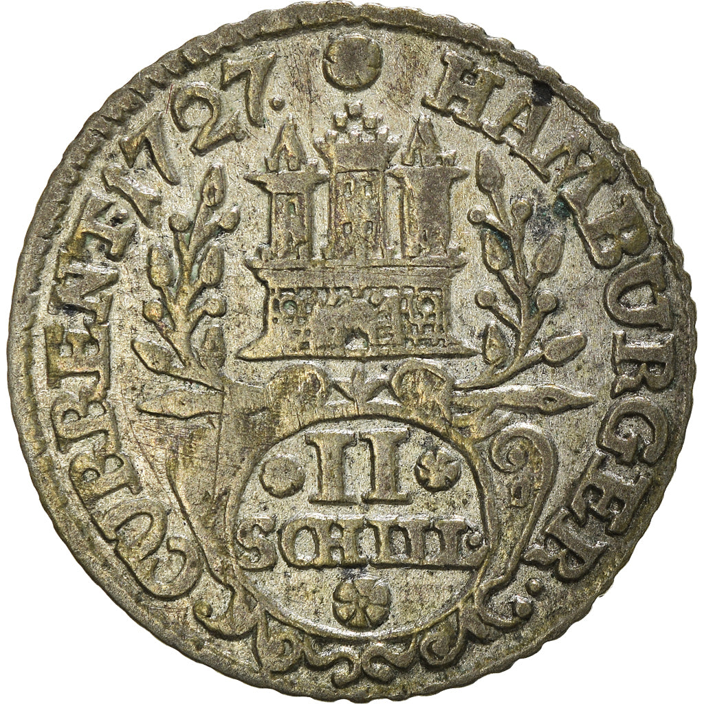 Coin, German States, HAMBURG, 2 Schilling, 1/16 Thaler, 1727, EF(40-45), Silver