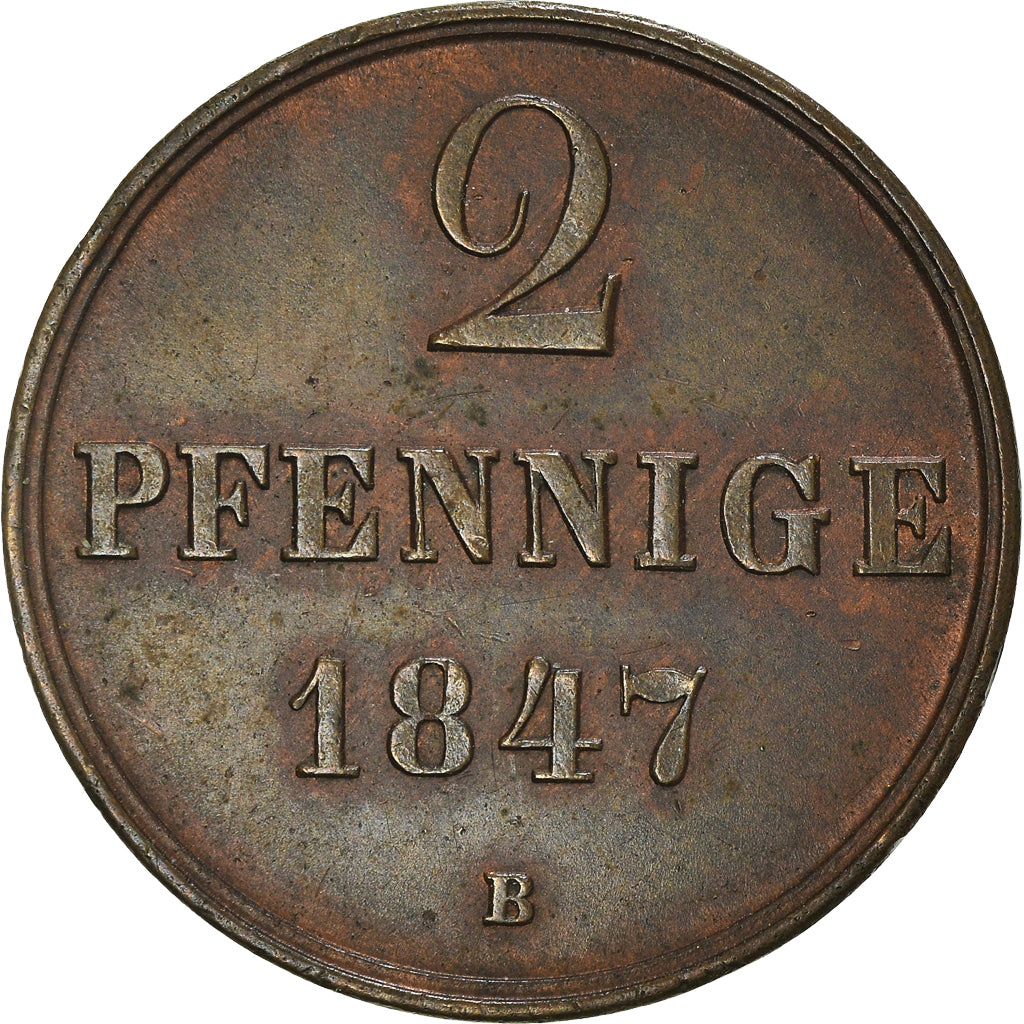 Coin, German States, HANNOVER, Ernst August, 2 Pfennig, 1847, AU(55-58), Copper