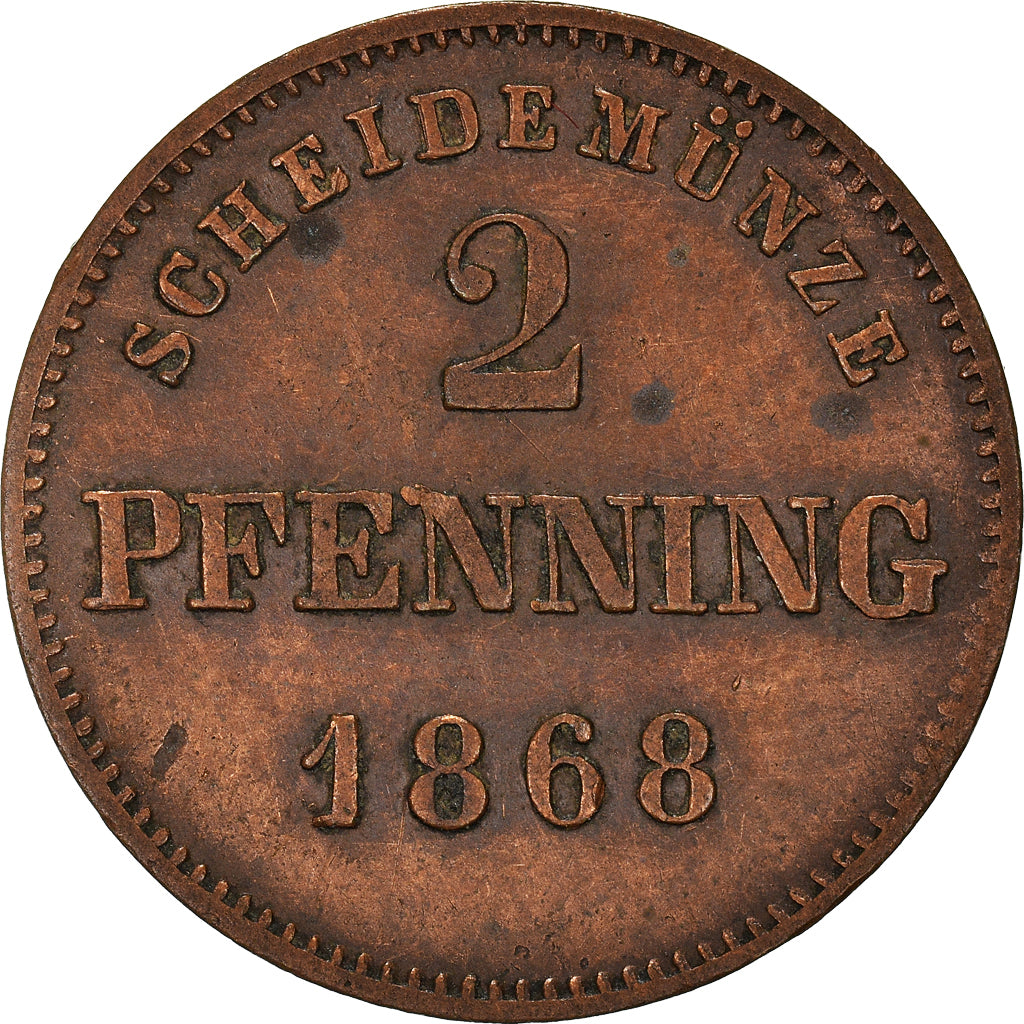Moneta, Stati tedeschi, BAVARIA, Ludwig II, 2 Pfennig, 1868, BB, Rame, KM:857