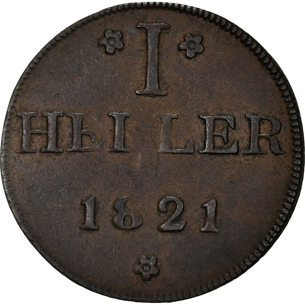 Moneda, Estados alemanes, FRANKFURT AM MAIN, Heller, 1821, MBC, Cobre, KM:301