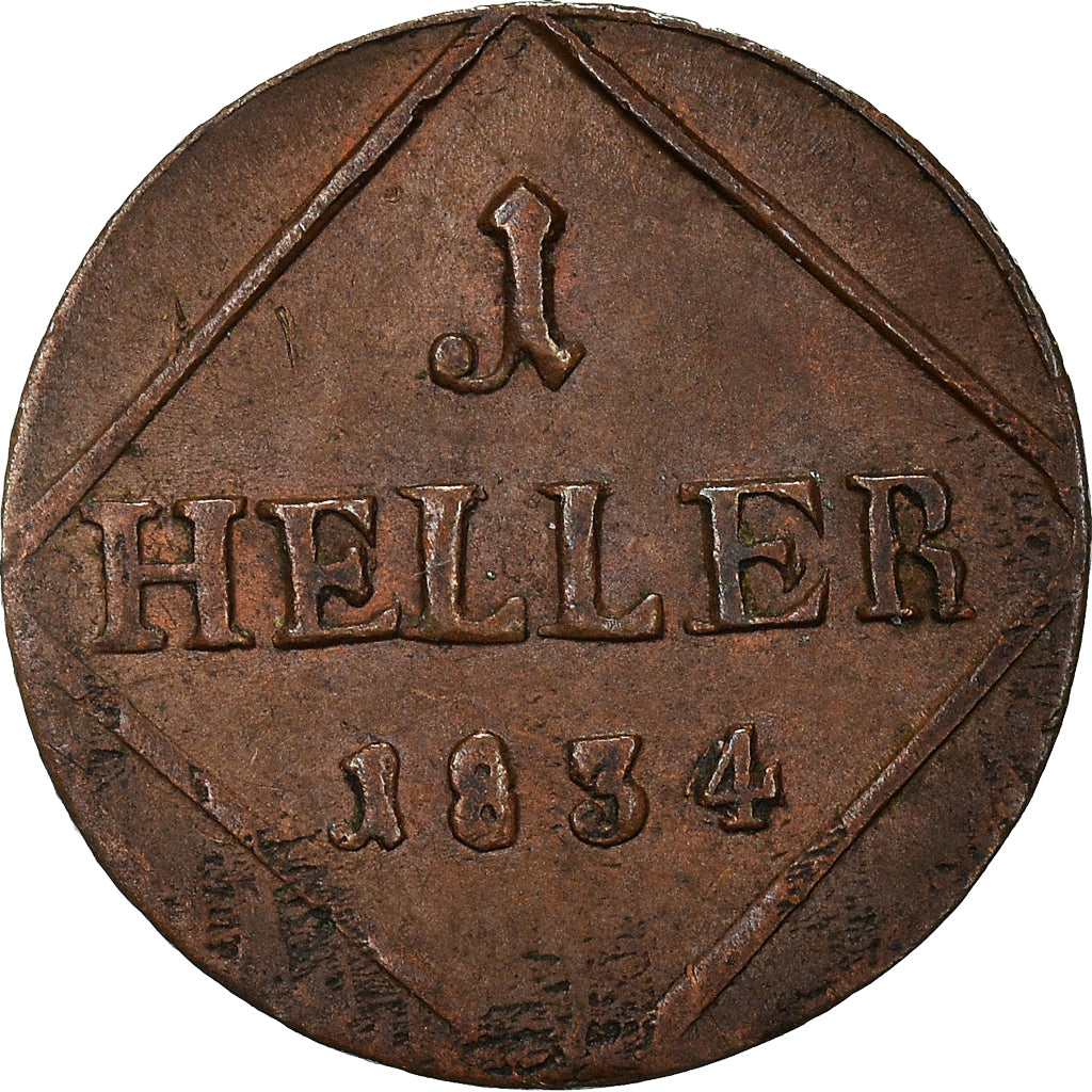 Münze, Deutsch Staaten, BAVARIA, Ludwig I, Heller, 1834, SS, Kupfer, KM:740