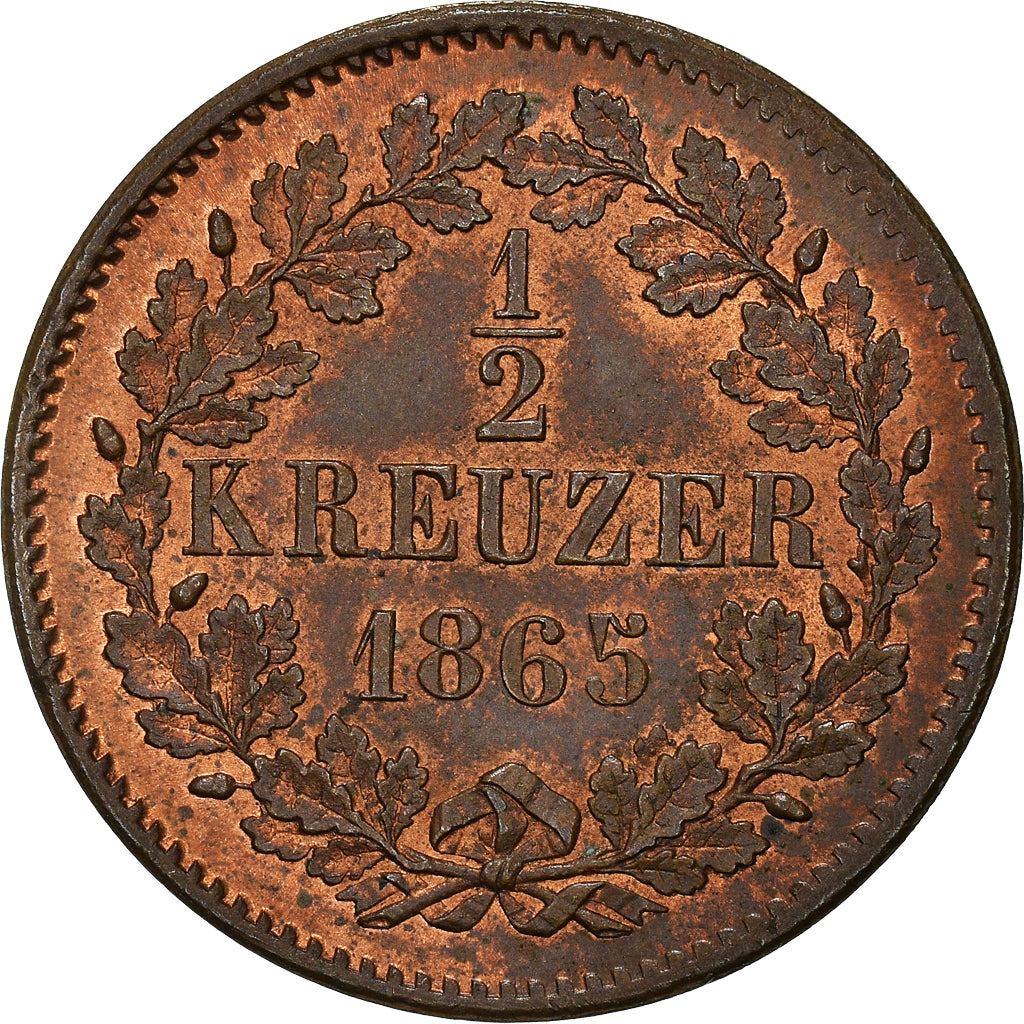 Coin, German States, BADEN, Friedrich I, 1/2 Kreuzer, 1865, MS(63), Copper